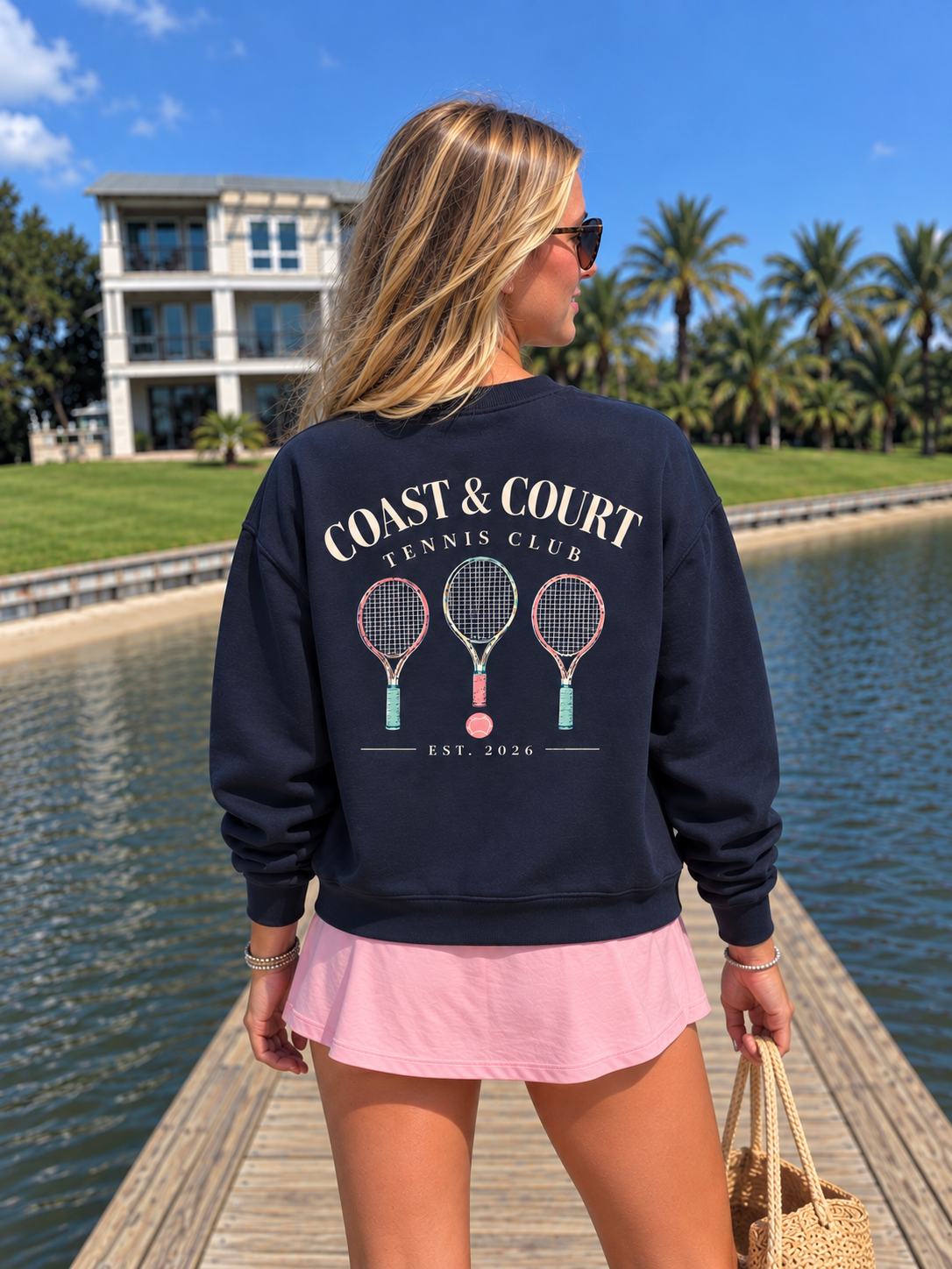 Back view of Coast & Court Tennis Club Crew worn by a model