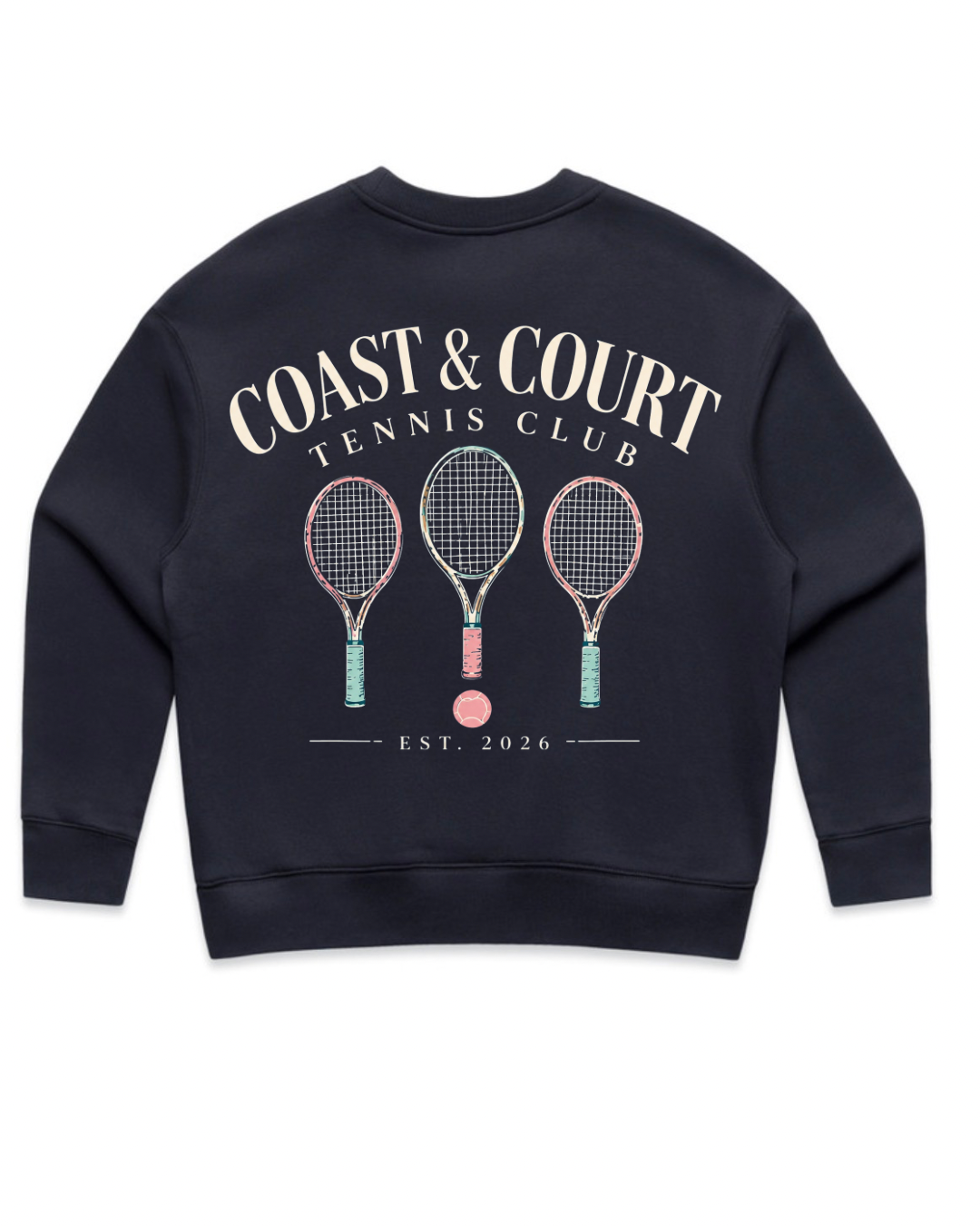 Tennis Club Crew back graphic with three vintage-inspired racquets