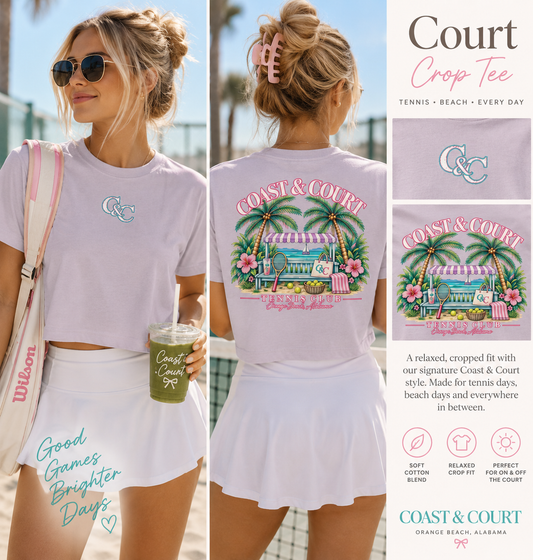 Model wearing Coast & Court Court Crop Tee